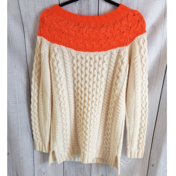 Boden | Wool Alpaca Mohair Cream & Neon Orange Cable-Knit Tunic Sweater UNIQUE - Picture 5 of 11